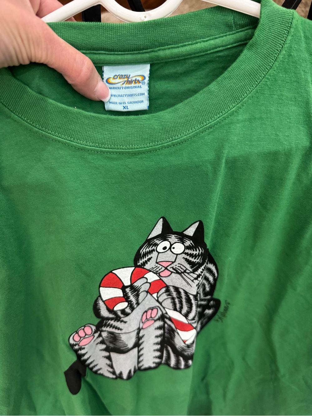 New B. Kliban Christmas Cat Candy Cane Crazy Shirts Hawaii Tee Wintergreen Dyed - Picture 4 of 11